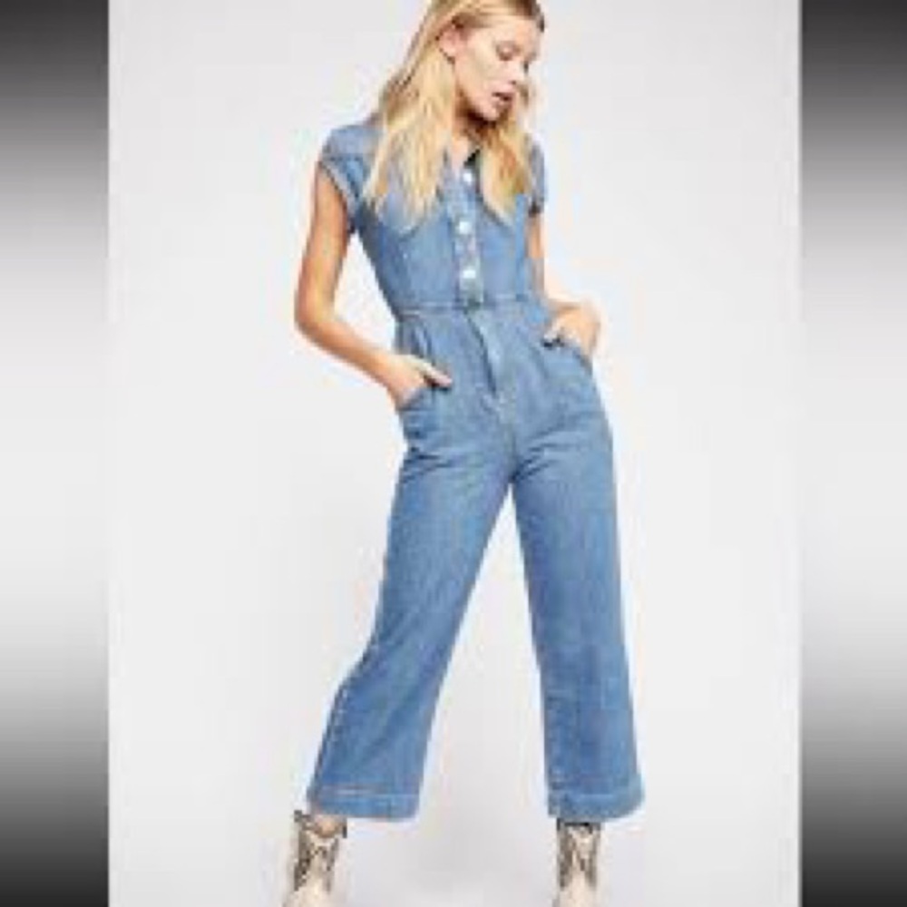 Free People Unchained Melody  Denim Jumpsuit 0